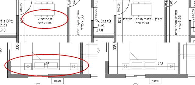 ארבעה קטעים מהגיליון: למעלה שם החדר לפני ואחרי העריכה, למטה המידה לפני ואחרי