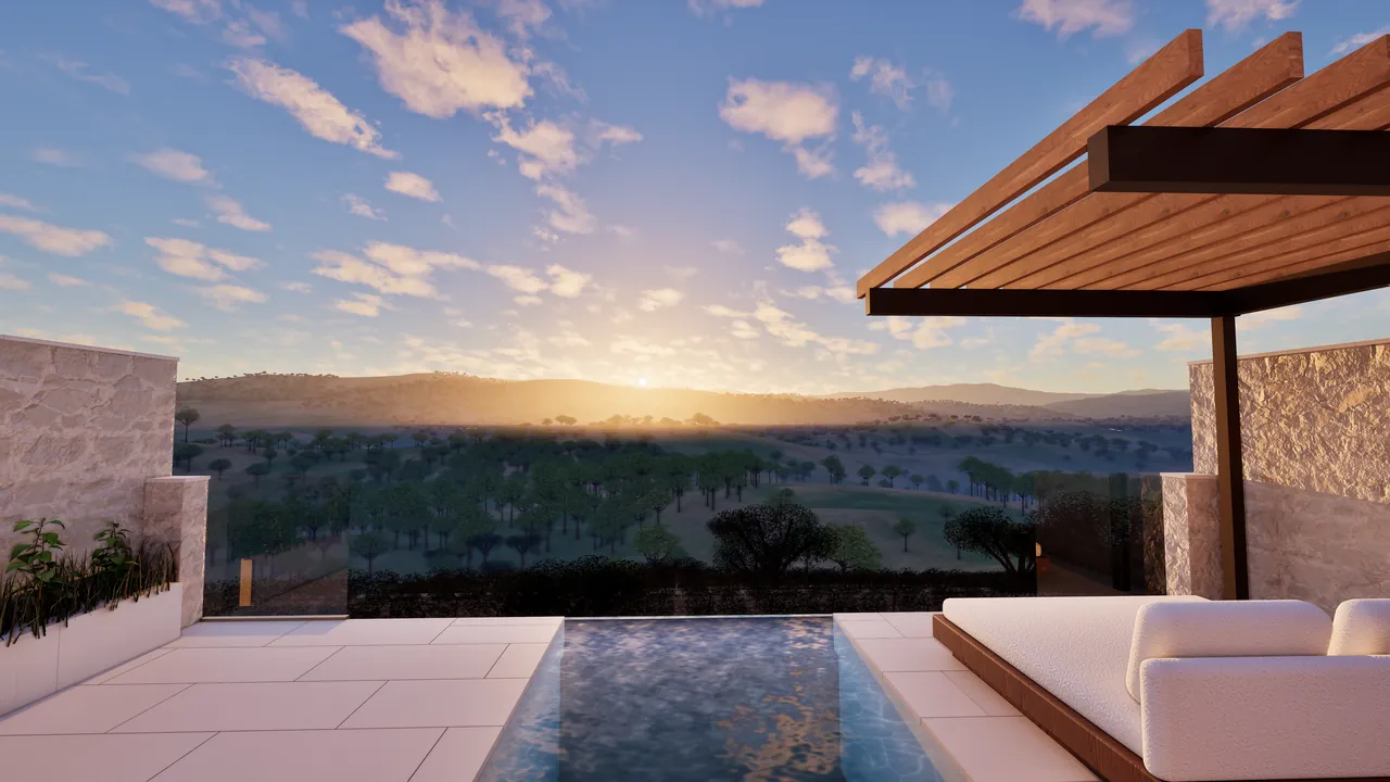 The terrace and the pool at sunset
