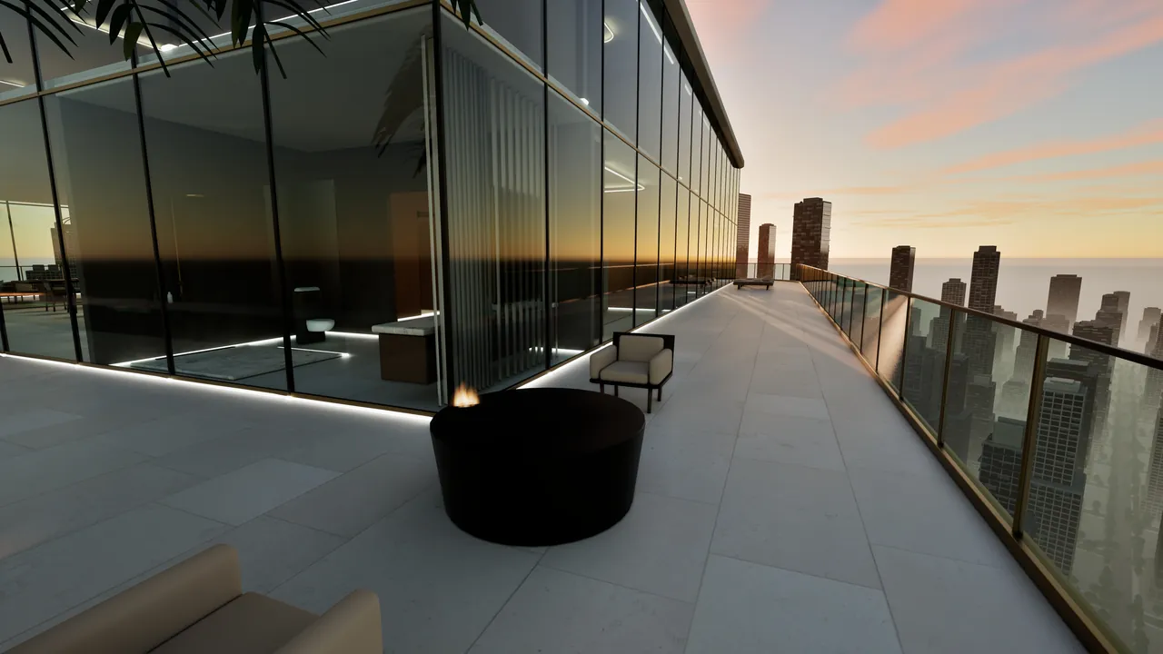 מרפסת הפנטהאוז בשקיעה, רינדור Unreal Engine